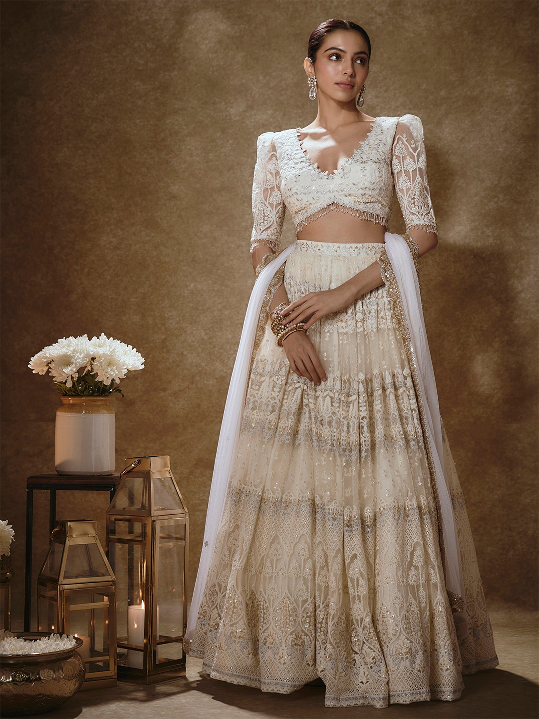 

Renee Label Women Embroidered Ready to Wear Lehenga & Blouse With Dupatta, White