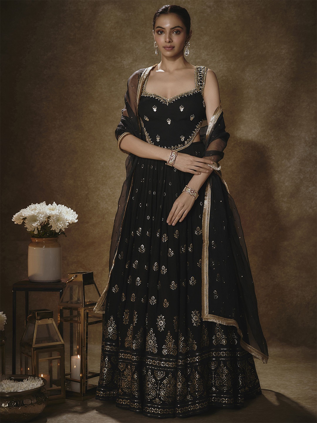

Renee Label Women Embroidered Ready to Wear Lehenga & Blouse With Dupatta, Black