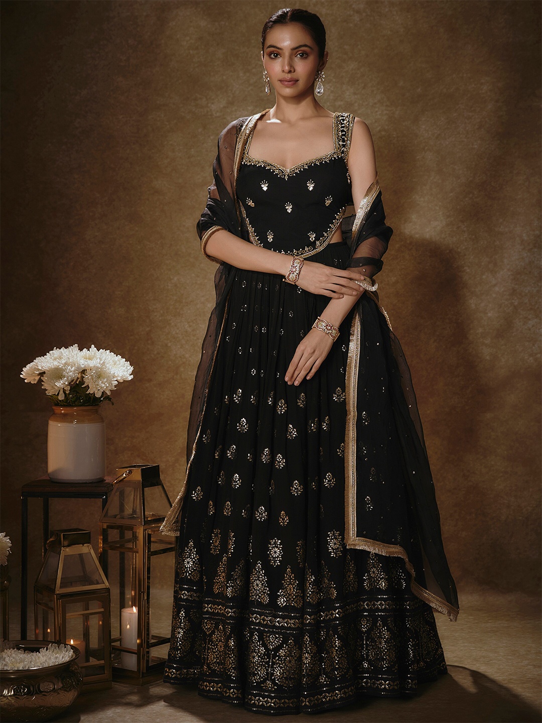 

Renee Label Women Embroidered Sequinned Ready to Wear Lehenga & Blouse With Dupatta, Black