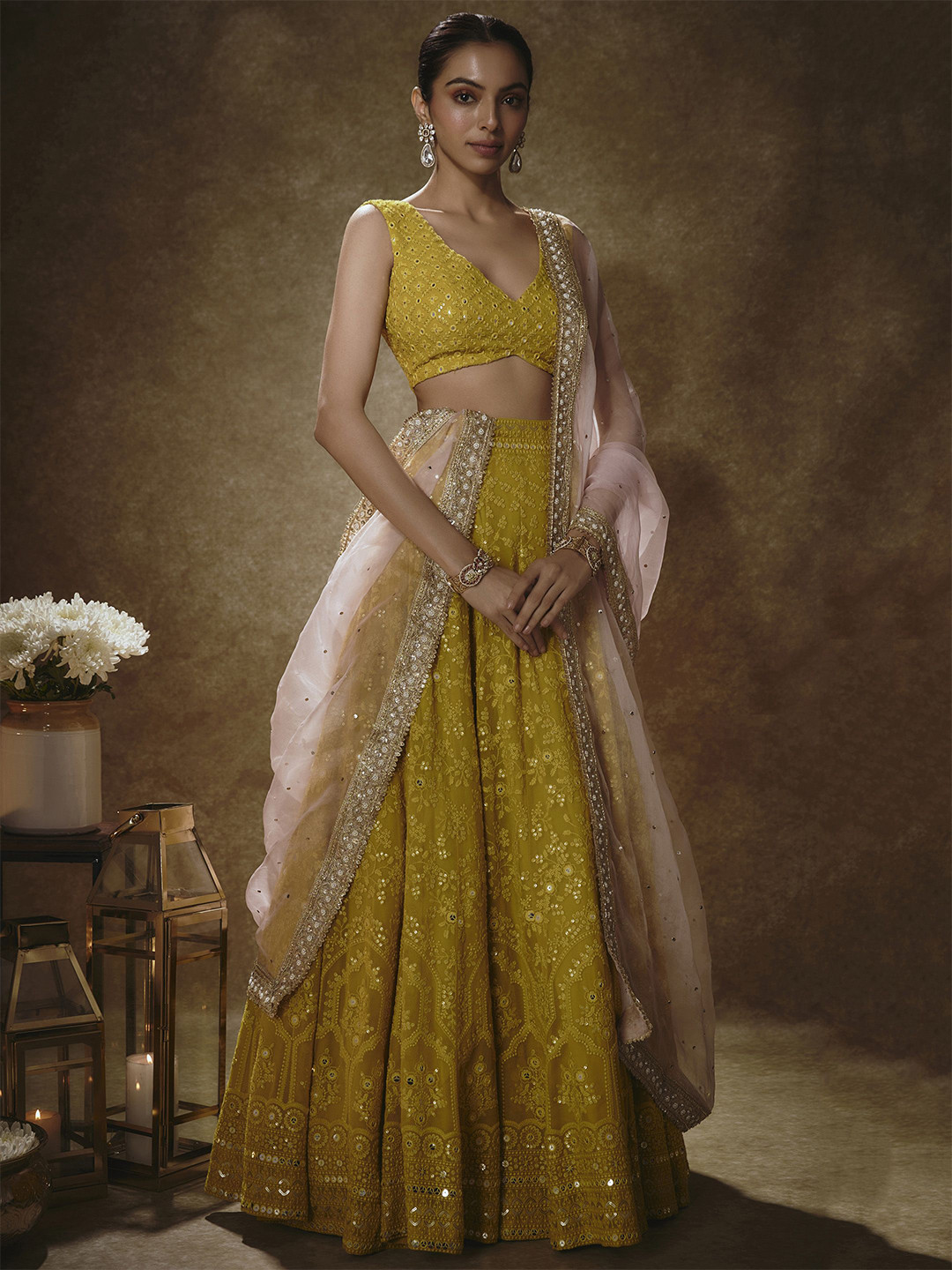 

Renee Label Embroidered Sequinned Ready to Wear Lehenga & Blouse With Dupatta, Yellow