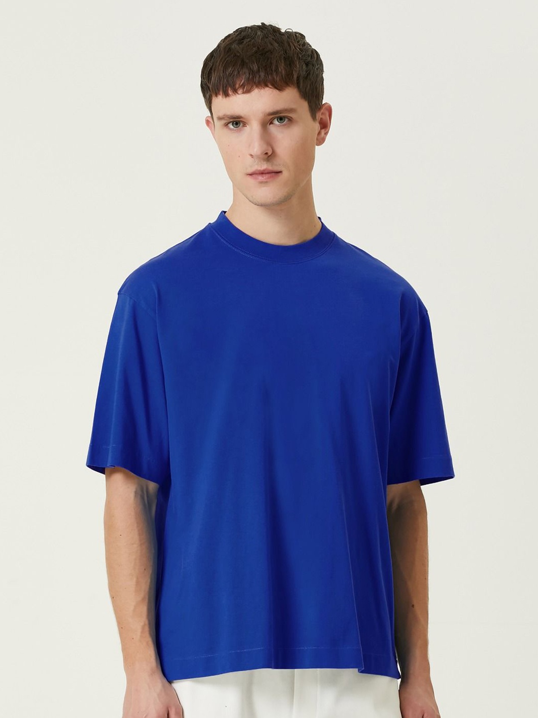 

MISCHIEF MONKEY Round Neck Oversized Cotton T-shirt, Blue