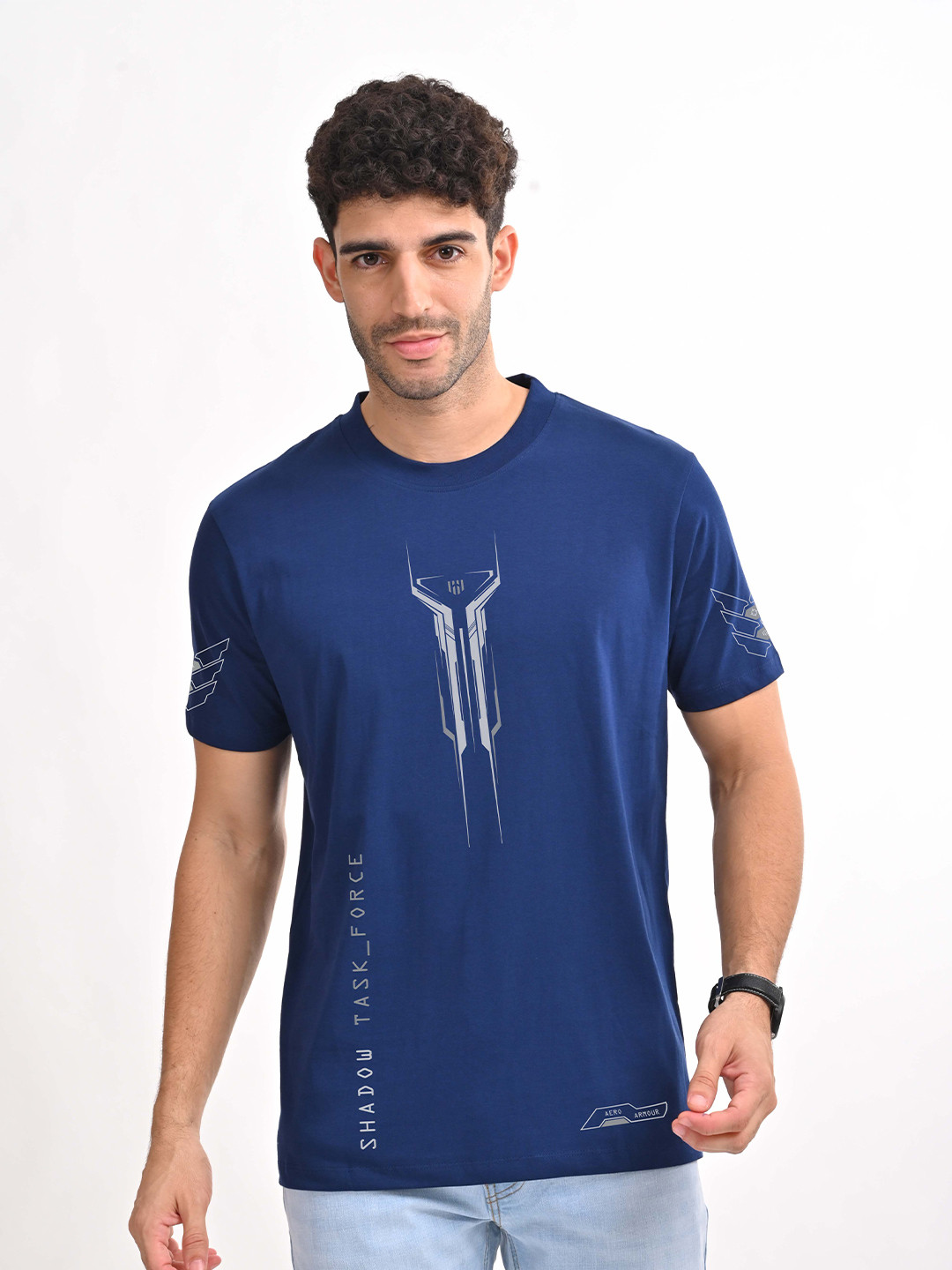

Aero Armour Unisex Round Neck Printed Cotton T-shirt, Navy blue
