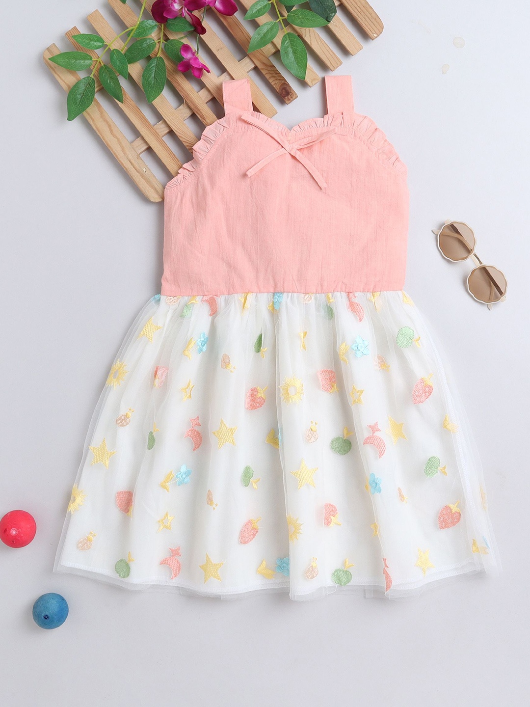 

YK Girls Embroidered Shoulder Straps Cotton Fit & Flare Dress, Peach