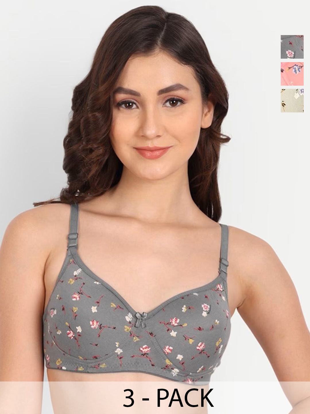 

LIONZY Pack of 3 Women Floral Printed Full Coverage Lightly Padded Bra, Green