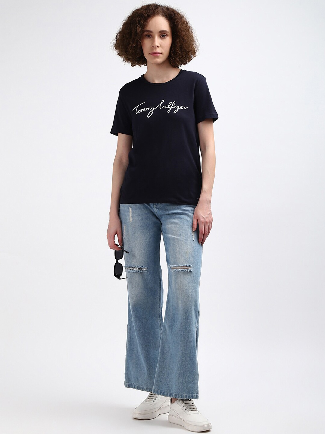 

Tommy Hilfiger Typography Printed Round Pure Cotton Casual T-shirt, Navy blue