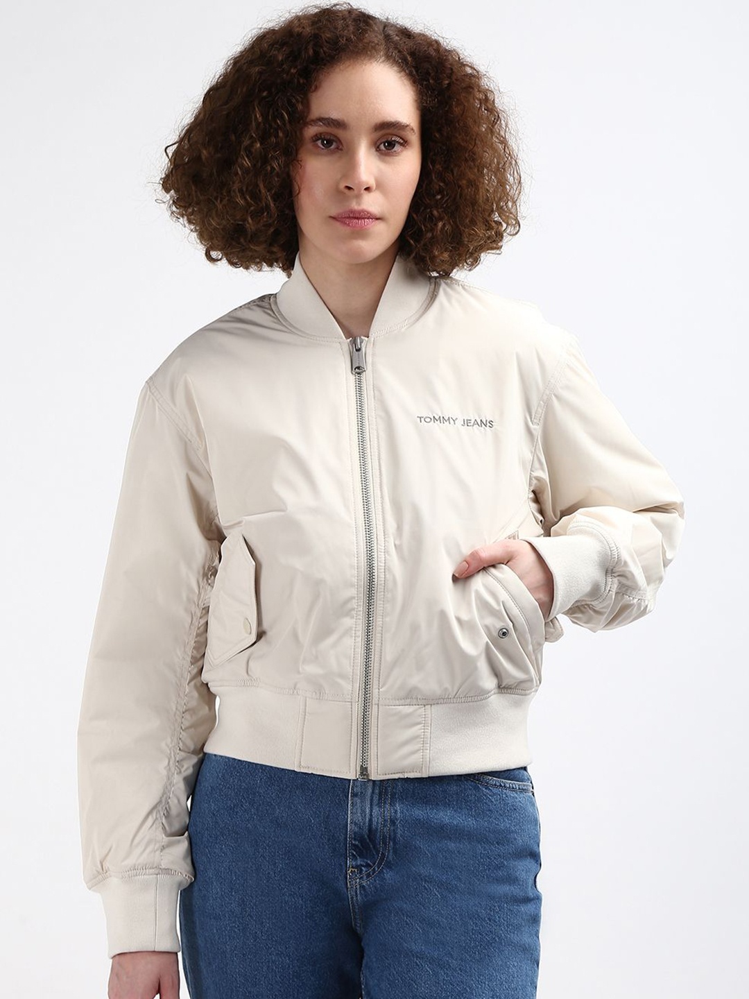 

Tommy Hilfiger Women Solid Crop Bomber Jacket, Off white