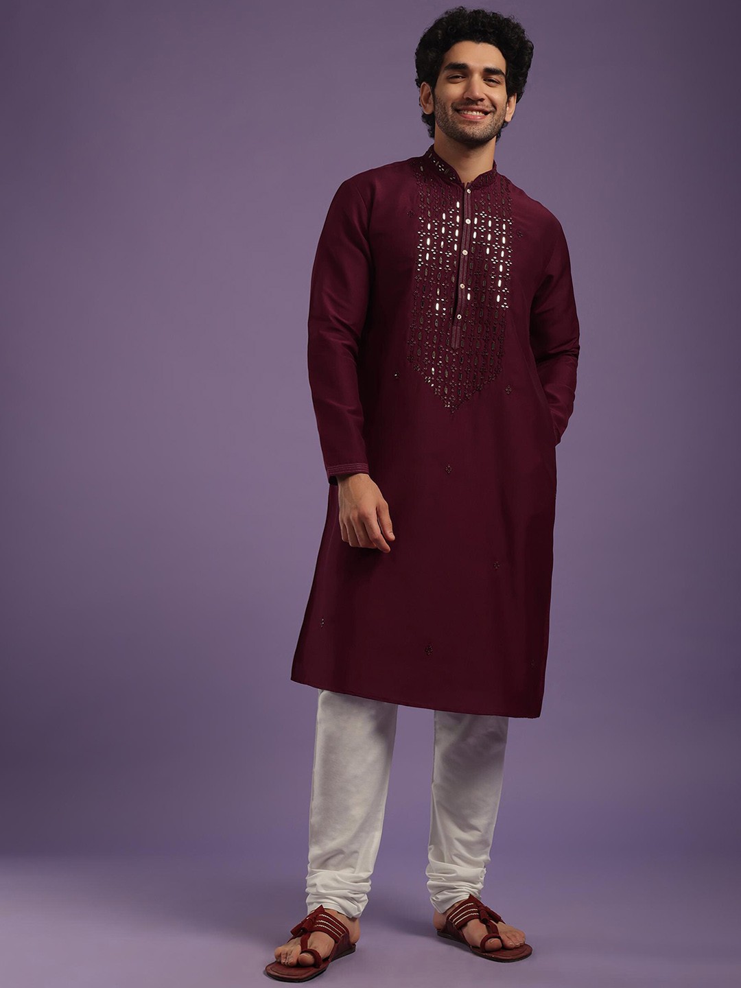 

KALKI Fashion Men Ethnic Motifs Embroidered Regular Mirror Work Kurta with Trousers, Red