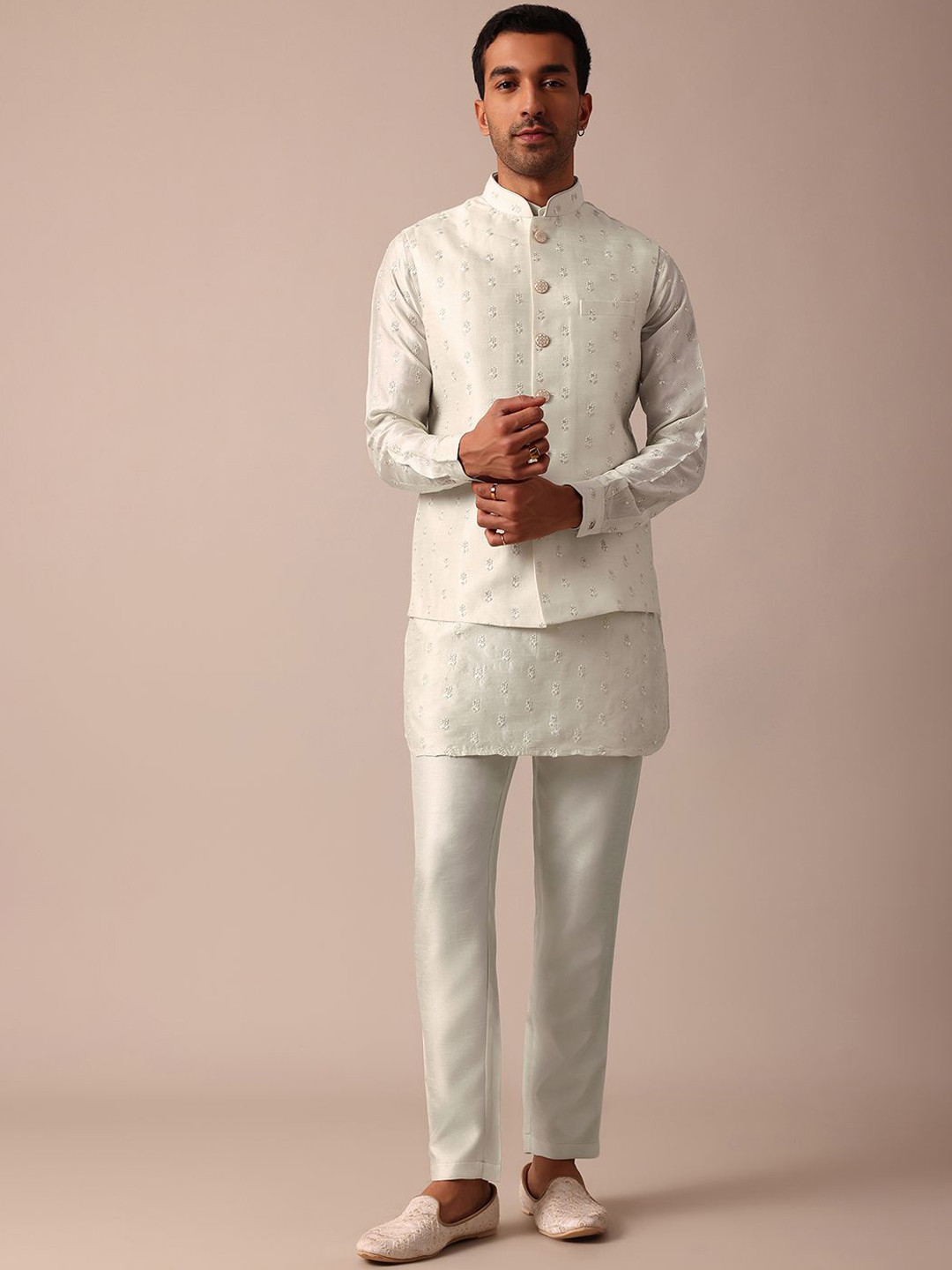 

KALKI Fashion Floral Embroidered Thread Work Kurta With Trousers & Nehru jacket, White