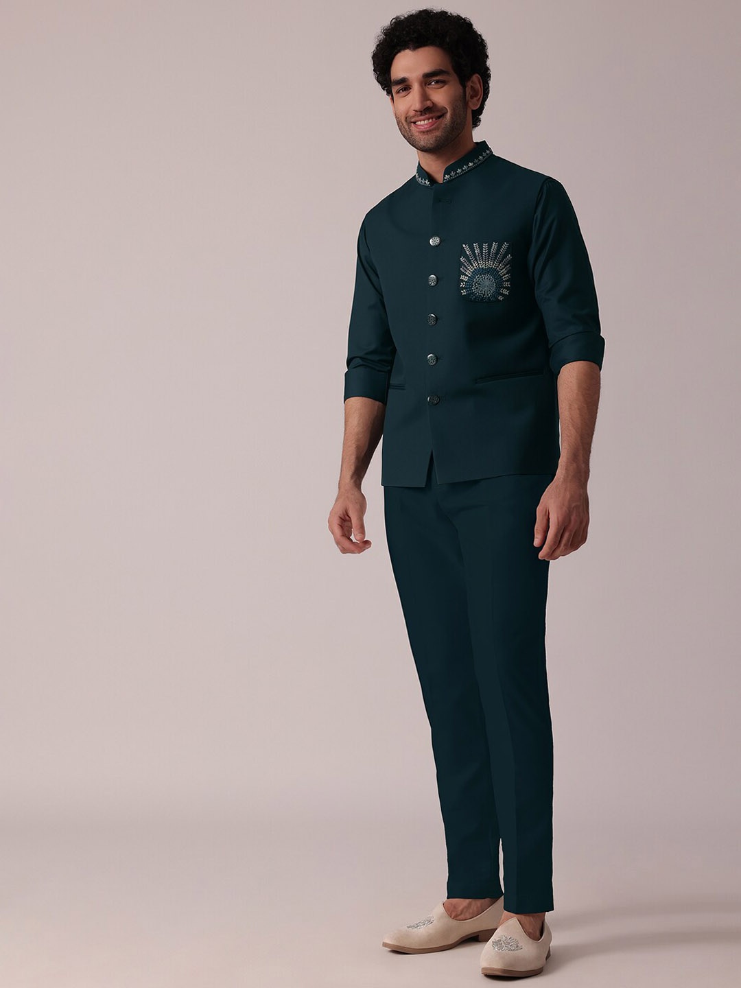

KALKI Fashion Men Floral Embroidered Regular Thread Work Kurta with Trousers, Green