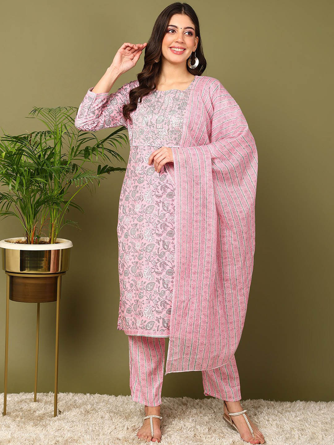 

Anouk Pink Floral Printed Sequinned Straight Kurta with Trousers & Dupatta