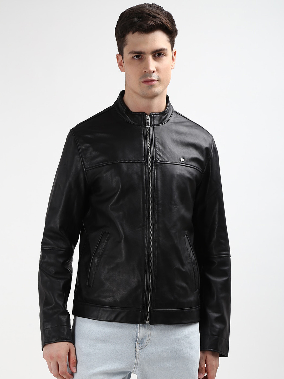 

Tommy Hilfiger Men Brown Solid Stand Collar Full Sleeves Open Front Jacket, Black