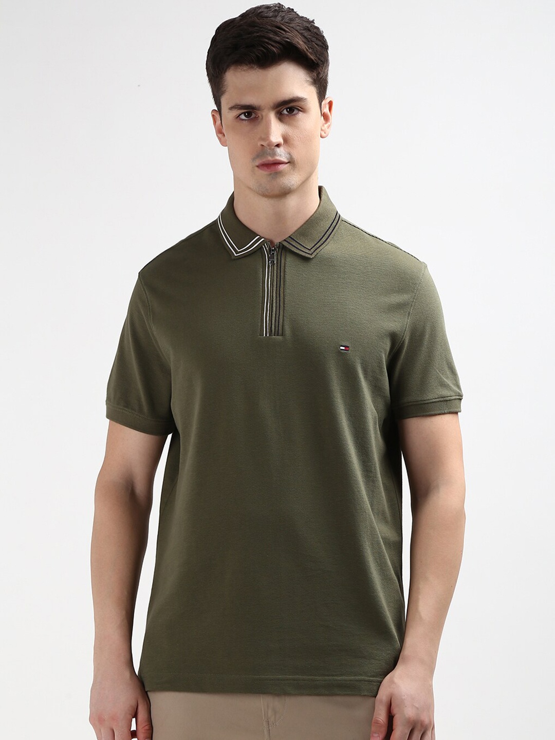 

Tommy Hilfiger Polo Collar Short Sleeves Pure Cotton Casual T-shirt, Olive