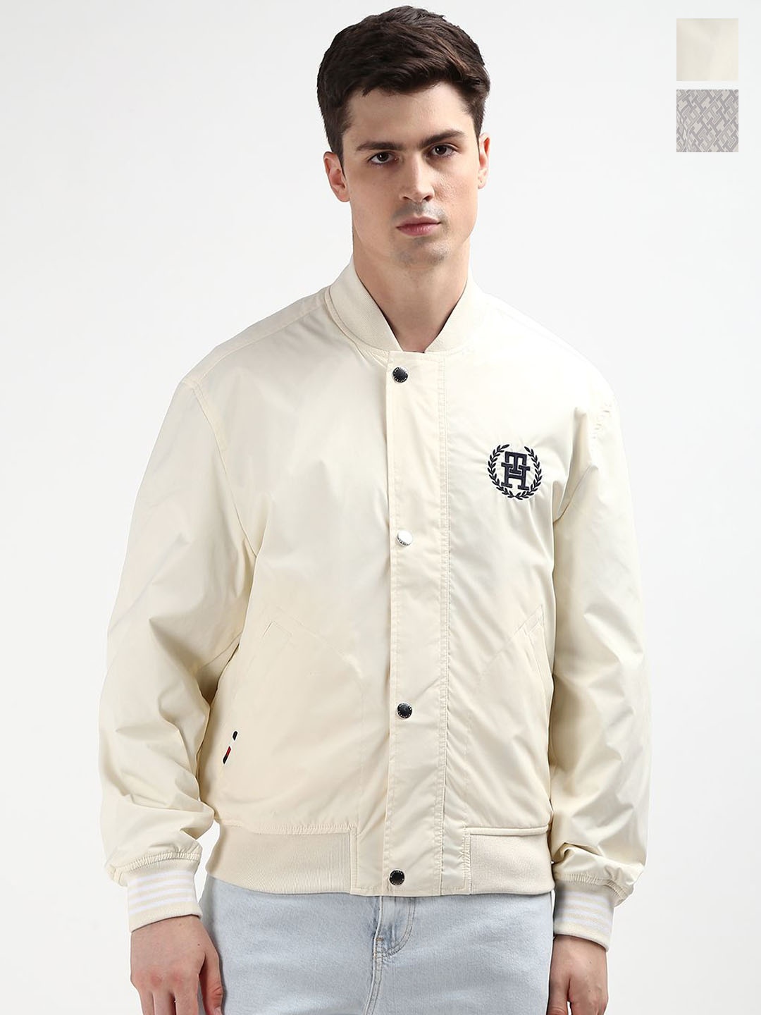 

Tommy Hilfiger Men Stand Collar Full Sleeves Bomber Jacket, Off white