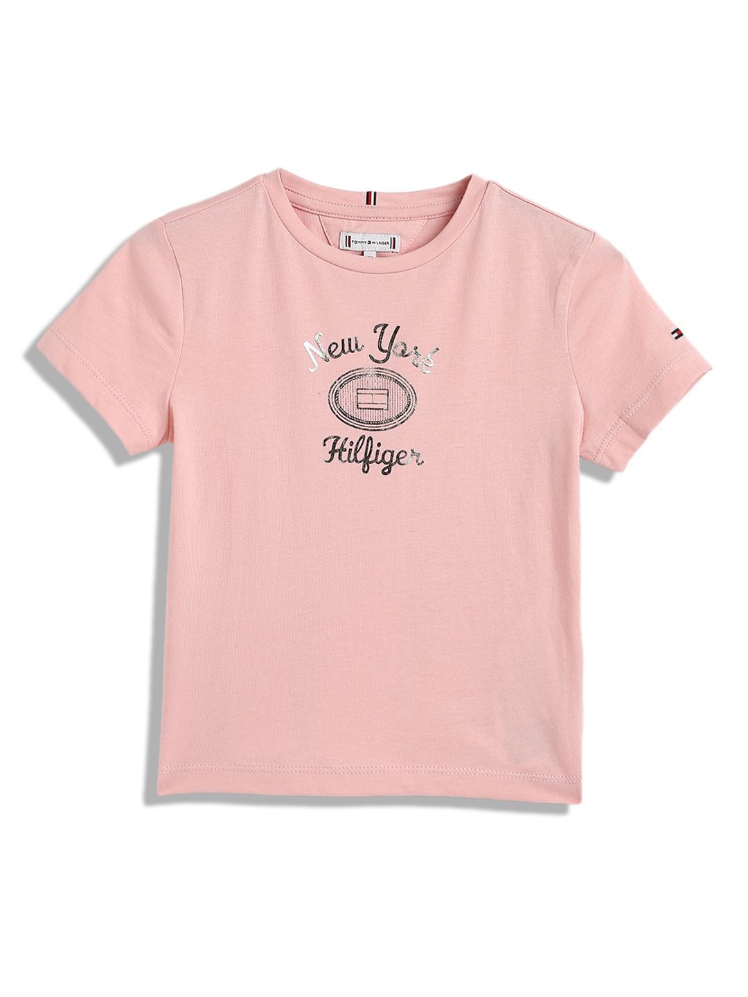 

Tommy Hilfiger Girls Typography Printed Round Pure Cotton Casual T-shirt, Pink