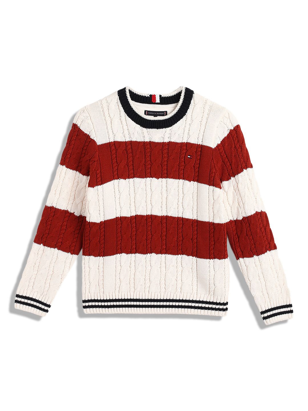 

Tommy Hilfiger Girls Cable Knit Striped Pullover, White