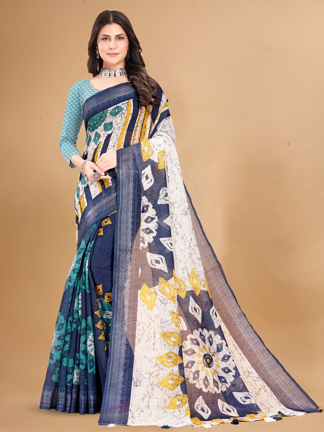 

Mitera Geometric Printed Zari Pure Linen Saree, Blue