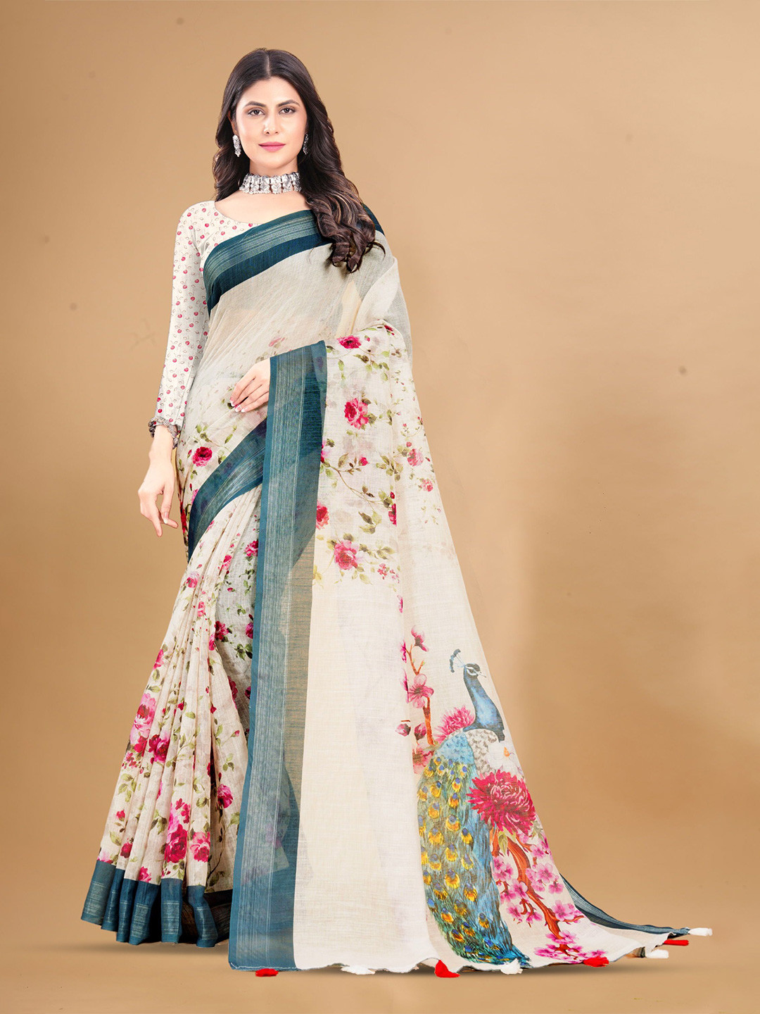 

Mitera Floral Zari Pure Linen Saree, White