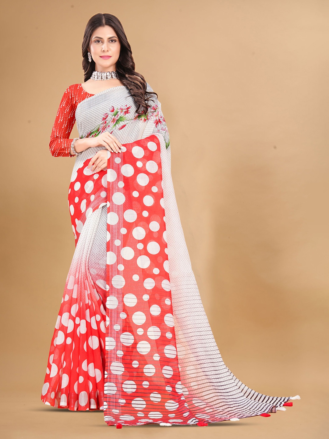 

Mitera Polka Dot Zari Pure Linen Saree, White