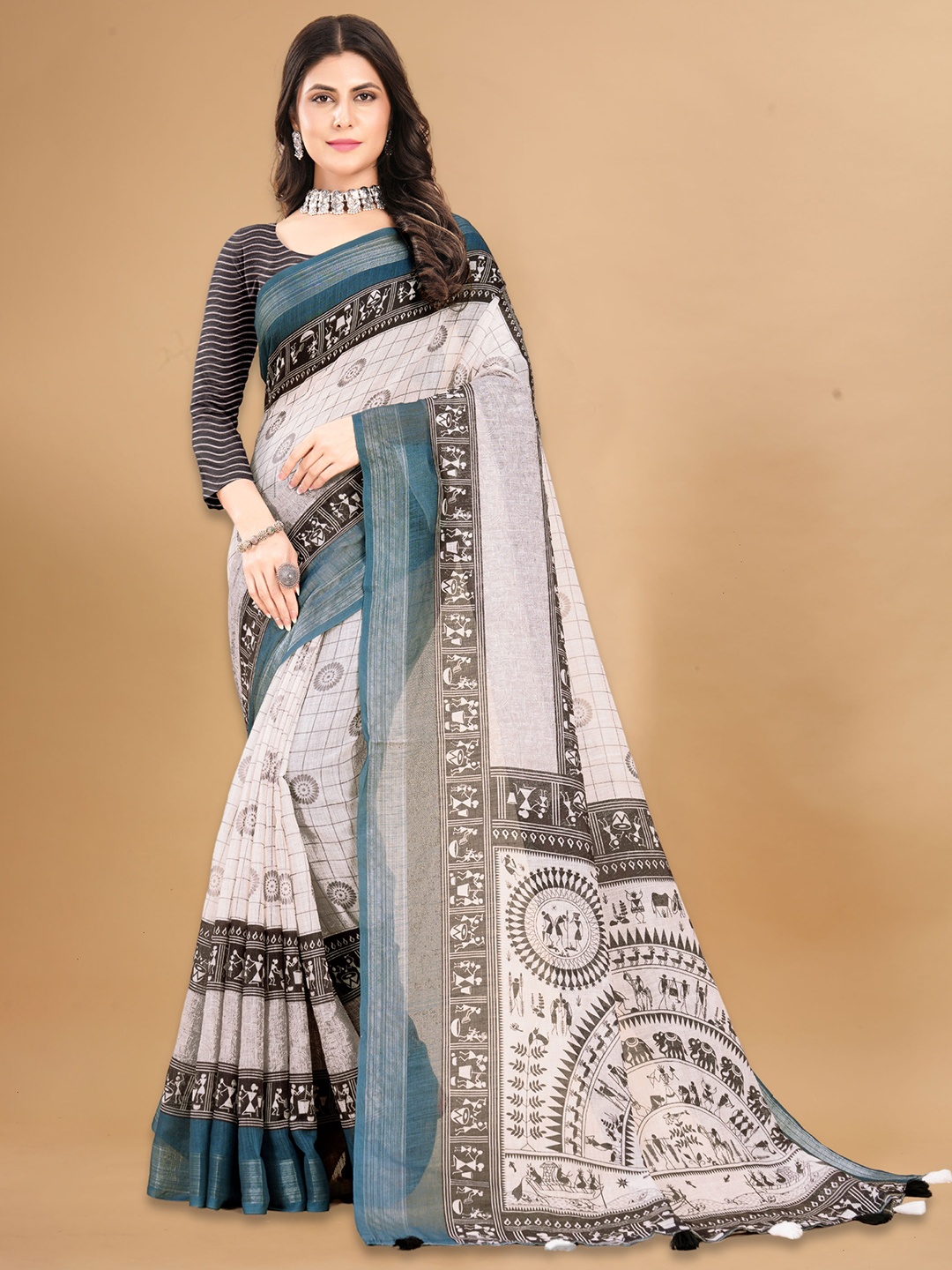 

Mitera Ethnic Motifs Zari Pure Linen Saree, Brown