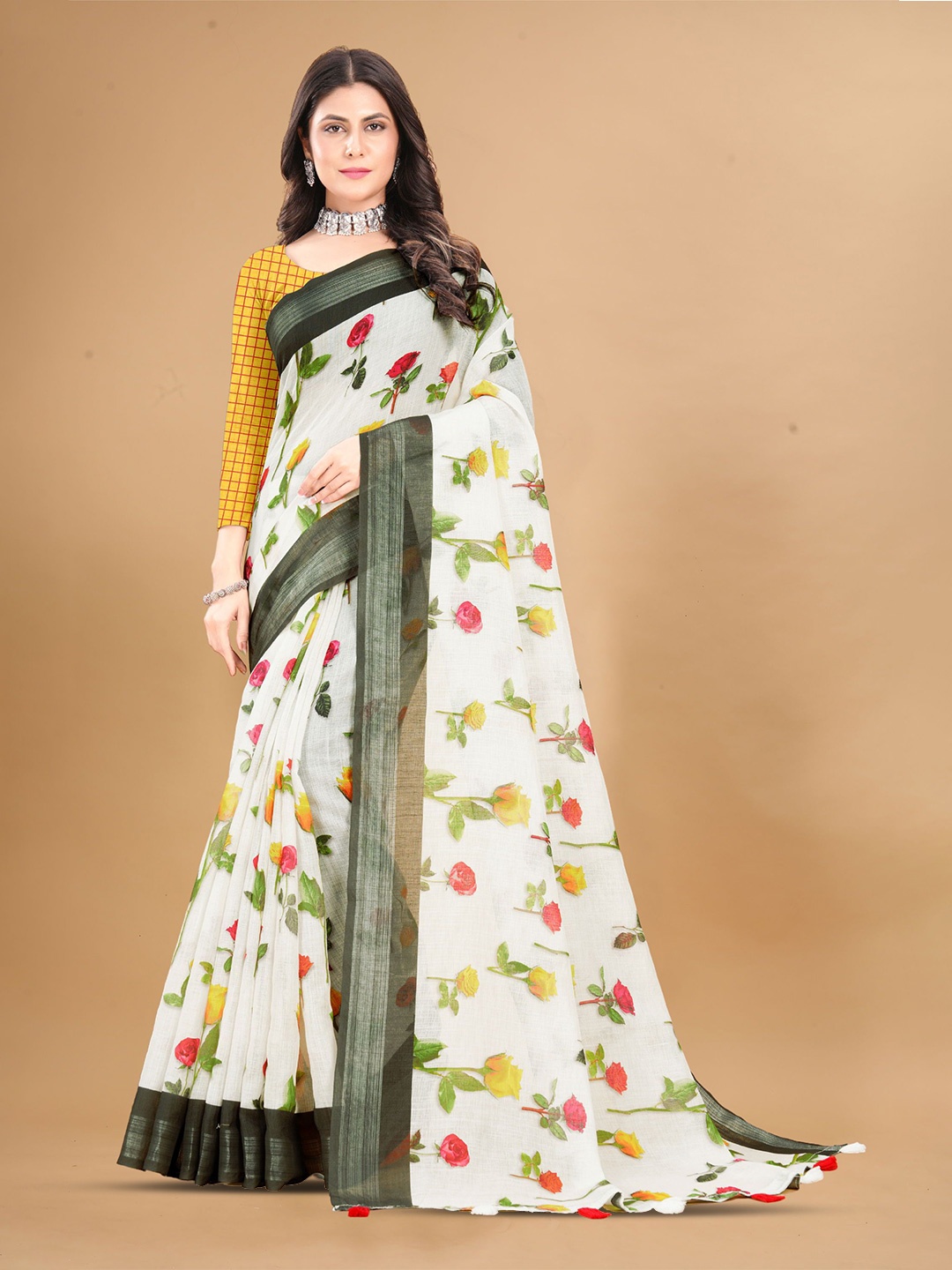 

Mitera Floral Zari Pure Linen Saree, White