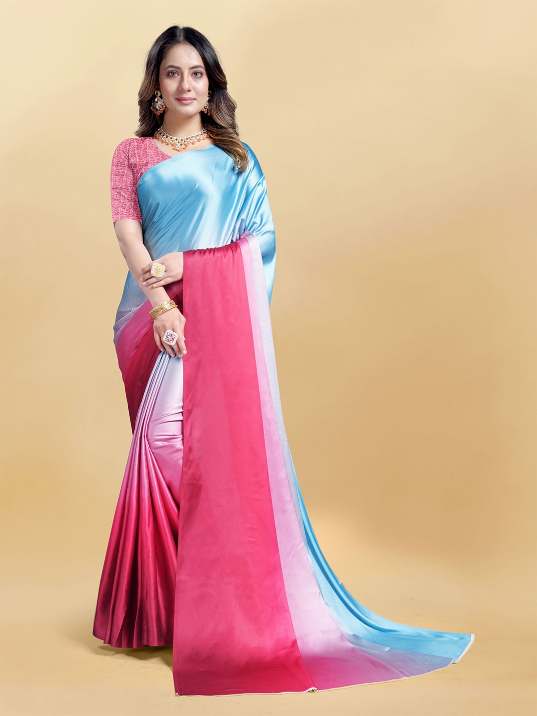 

Mitera Ombre Satin Leheriya Saree, Pink