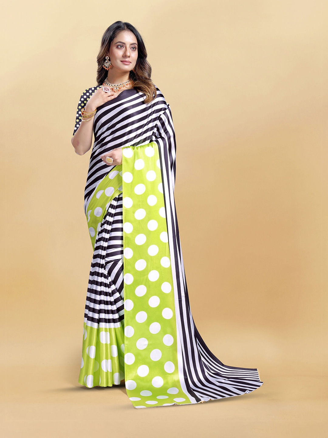 

Mitera Striped Satin Saree, Black