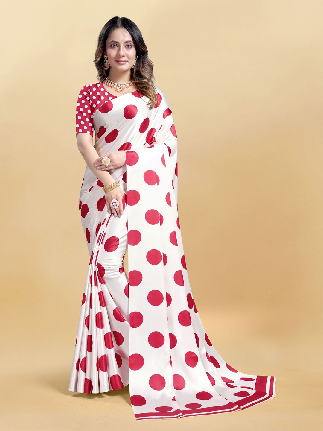 

Mitera Polka Dot Satin Saree With Blouse Piece, Red