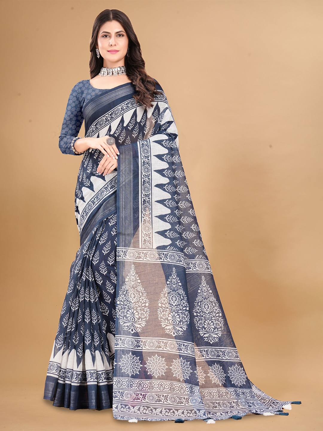 

Mitera Ethnic Motifs Zari Pure Linen Saree, Blue
