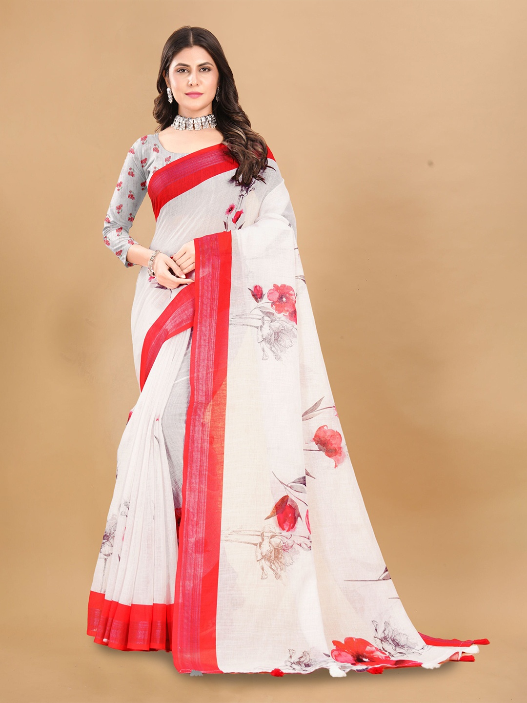 

Mitera Floral Zari Pure Linen Saree, White