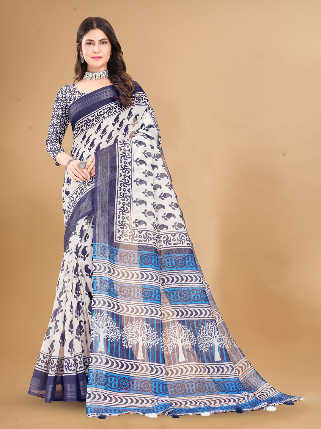 

Mitera Ethnic Motifs Pure Linen Saree, Off white