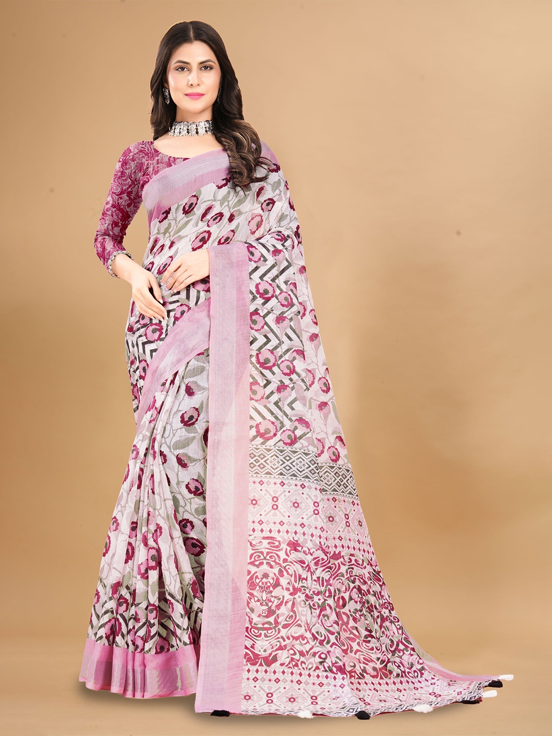 

Mitera Floral Zari Pure Linen Saree, Pink