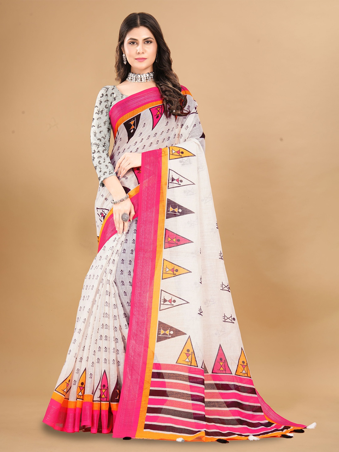 

Mitera Ethnic Motifs Pure Linen Saree, White