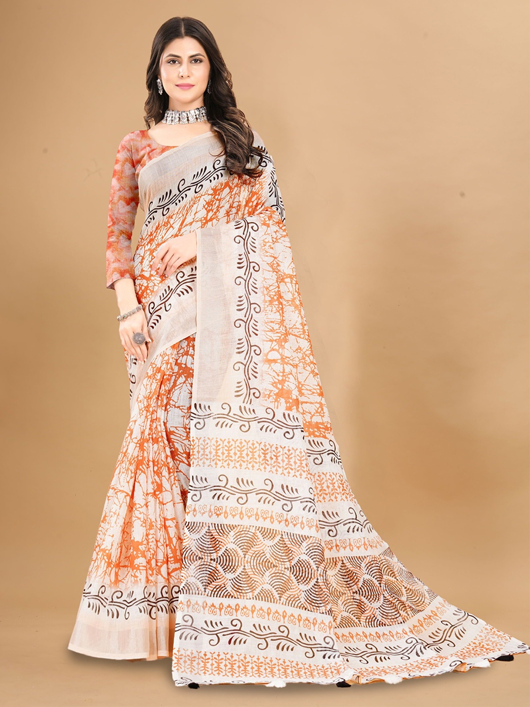 

Mitera Batik Zari Pure Linen Saree, Orange