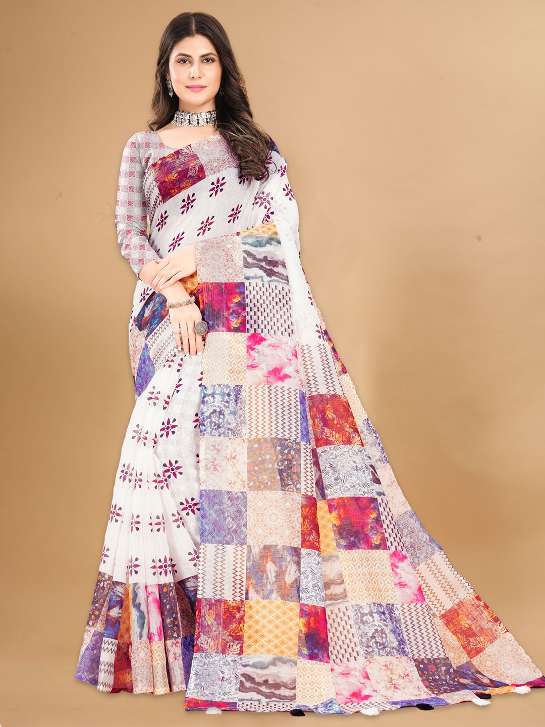 

Mitera Ethnic Motifs Zari Printed Pure Linen Saree, White