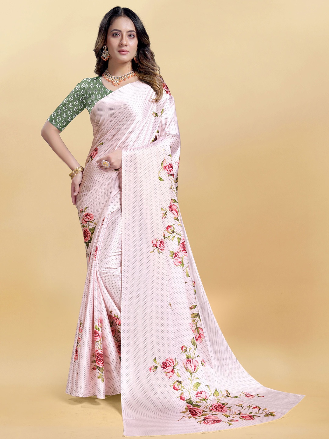 

Mitera Floral Satin Leheriya Saree With Blouse Piece, Pink