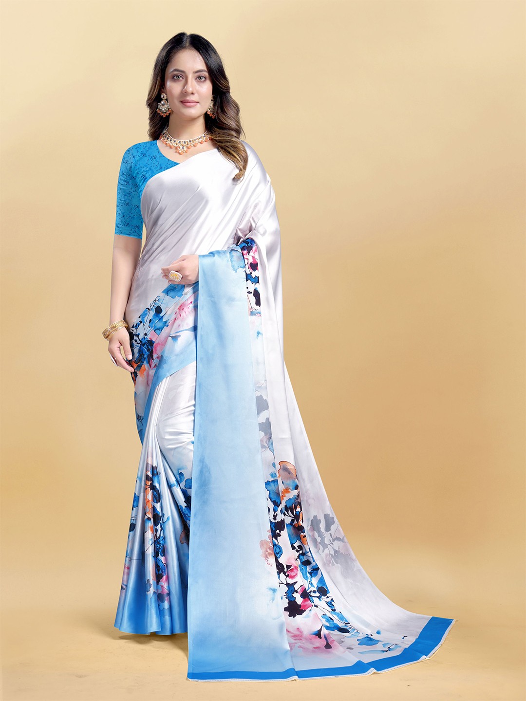 

Mitera Floral Satin Saree, White