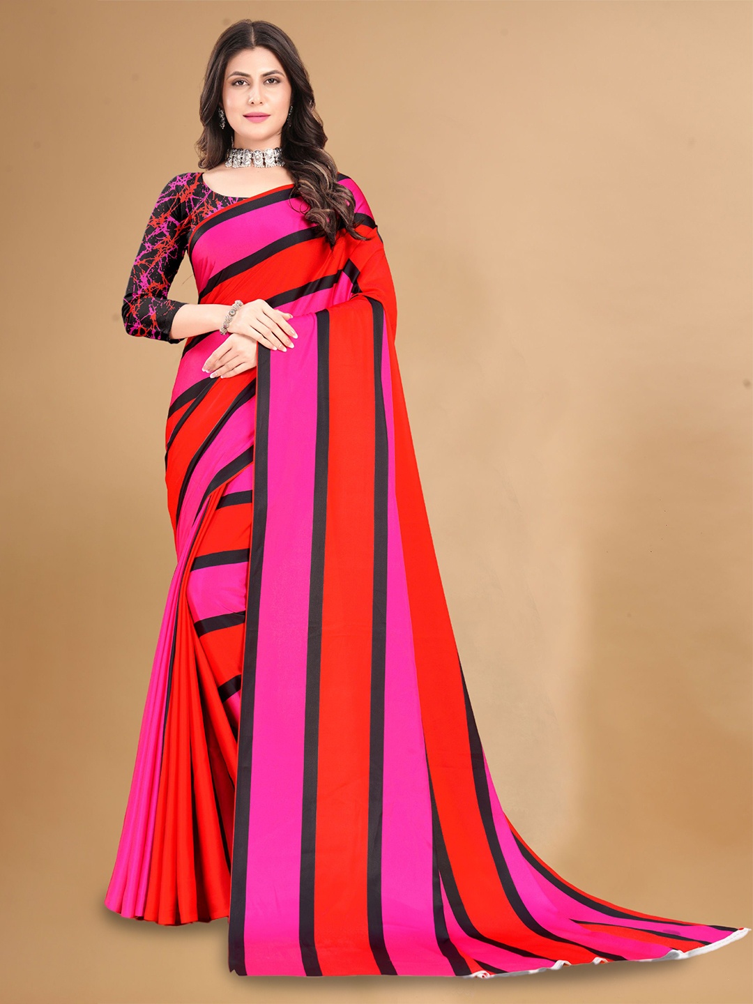 

Mitera Women Striped Satin Saree, Red