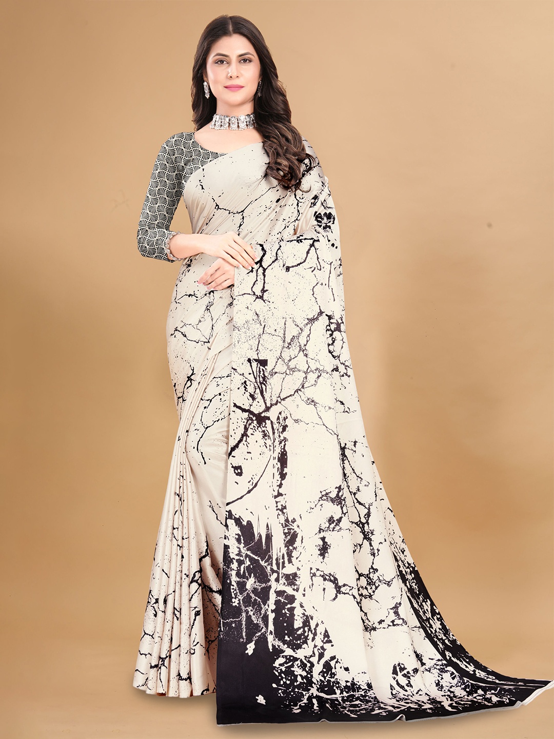 

Mitera Abstract printed Satin Saree, Cream