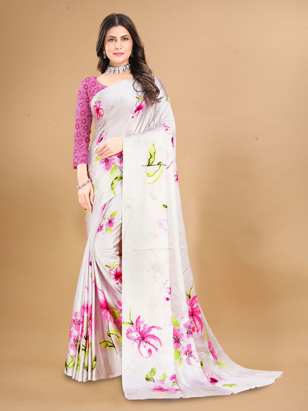 

Mitera Floral Satin Saree, White