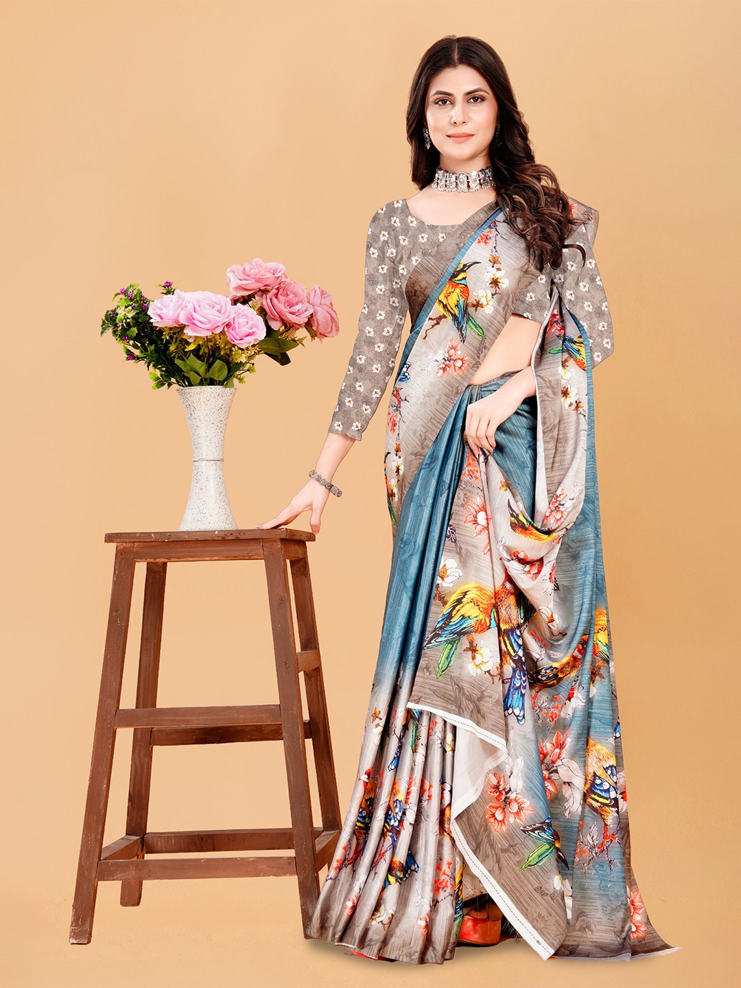 

Mitera Kalamkari Satin Saree, Blue