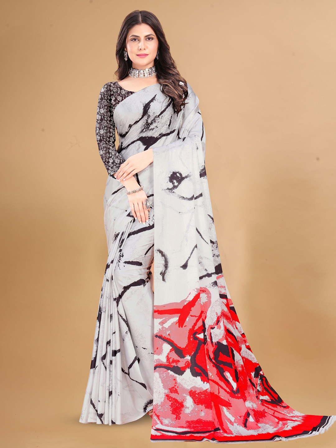 

Mitera Satin Printed Saree, White