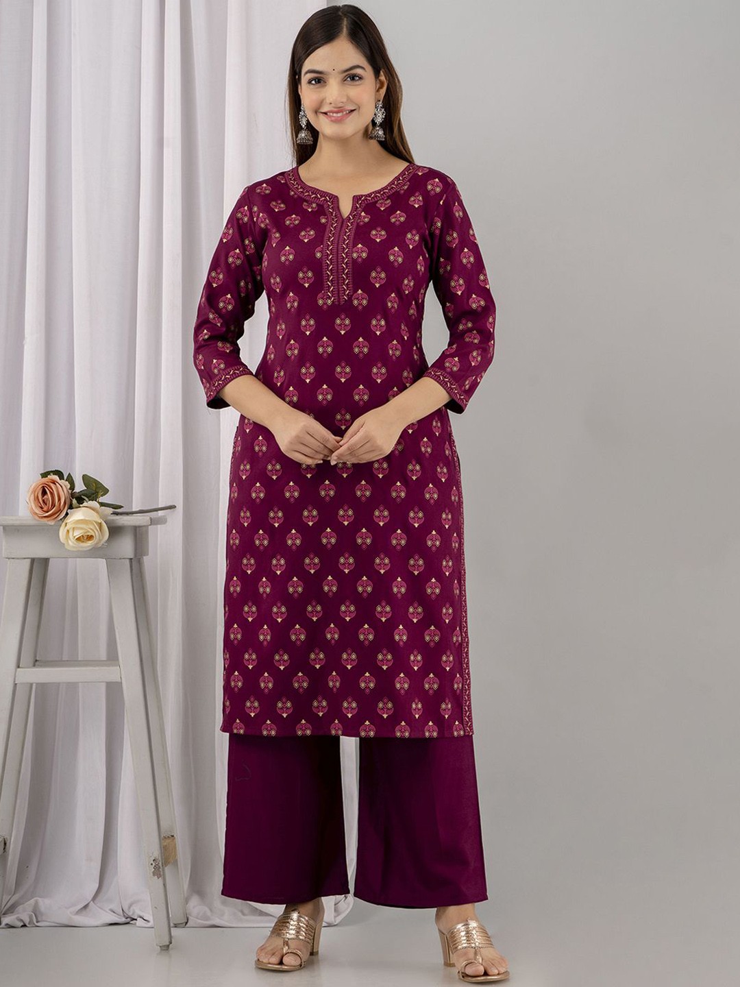 

Veshviti Ethinic Motifs Printed Notch Neck Kurta with Palazzos, Purple
