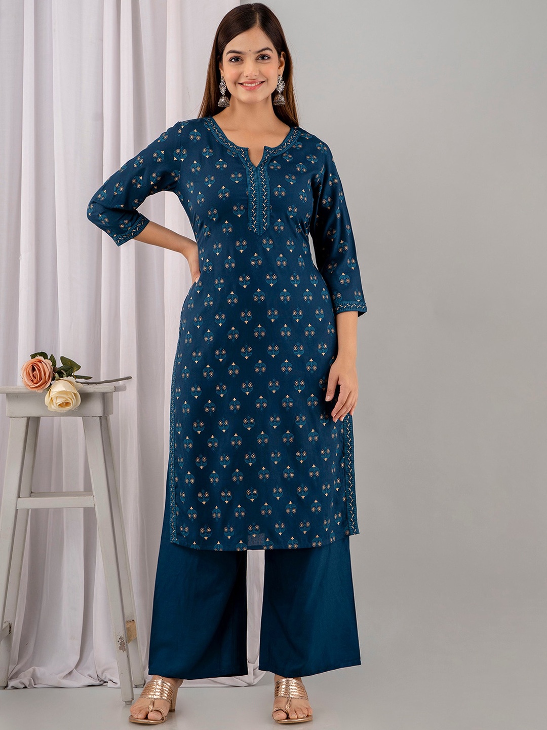 

Veshviti Women Floral Printed Regular Liva Kurta with Palazzos, Teal