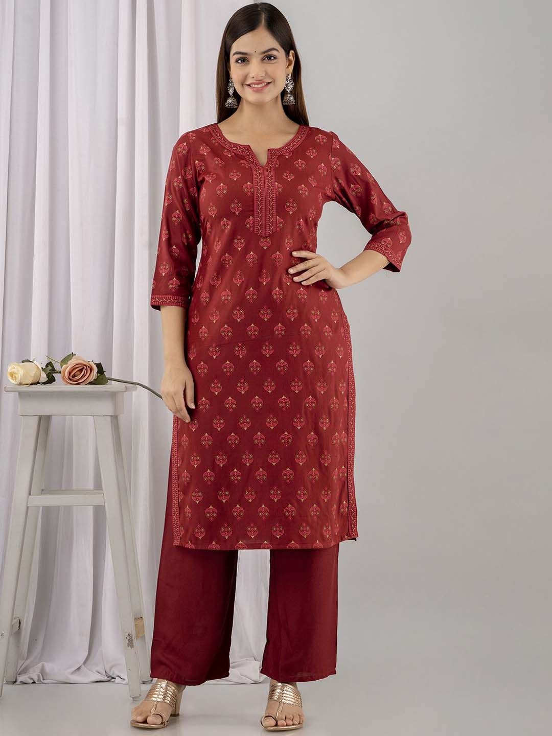 

Veshviti Women Ethnic Motifs Printed Regular Liva Kurta with Trousers, Maroon