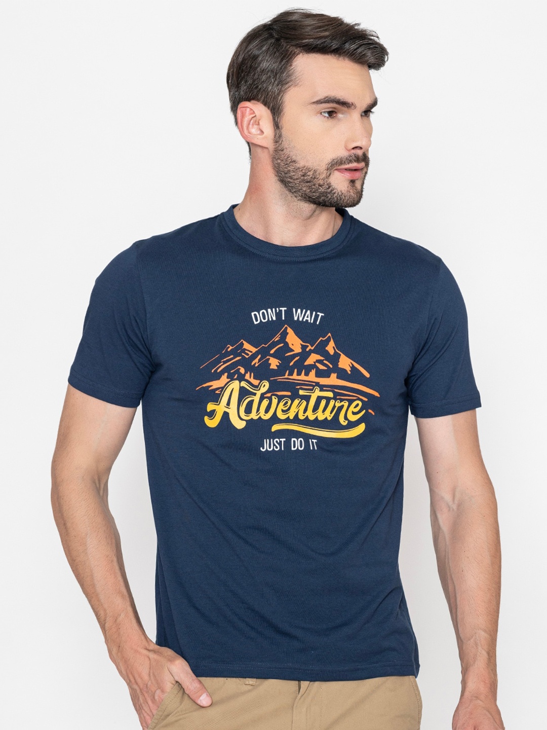 

Bonjour Typography Printed Round Neck Cotton T-shirt, Blue