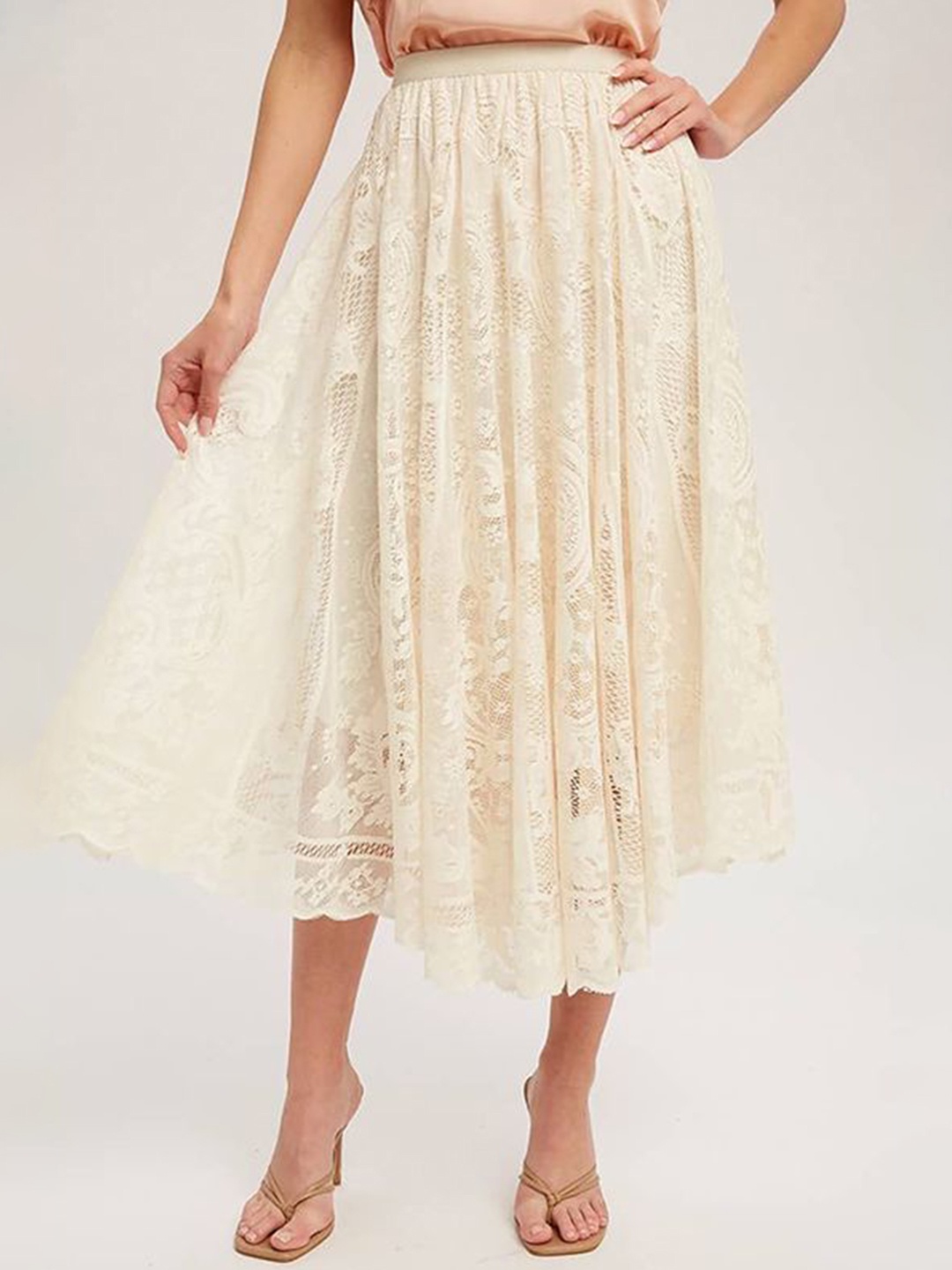 

StyleCast x Revolte Beige Self Design Lace A-Line Skirt