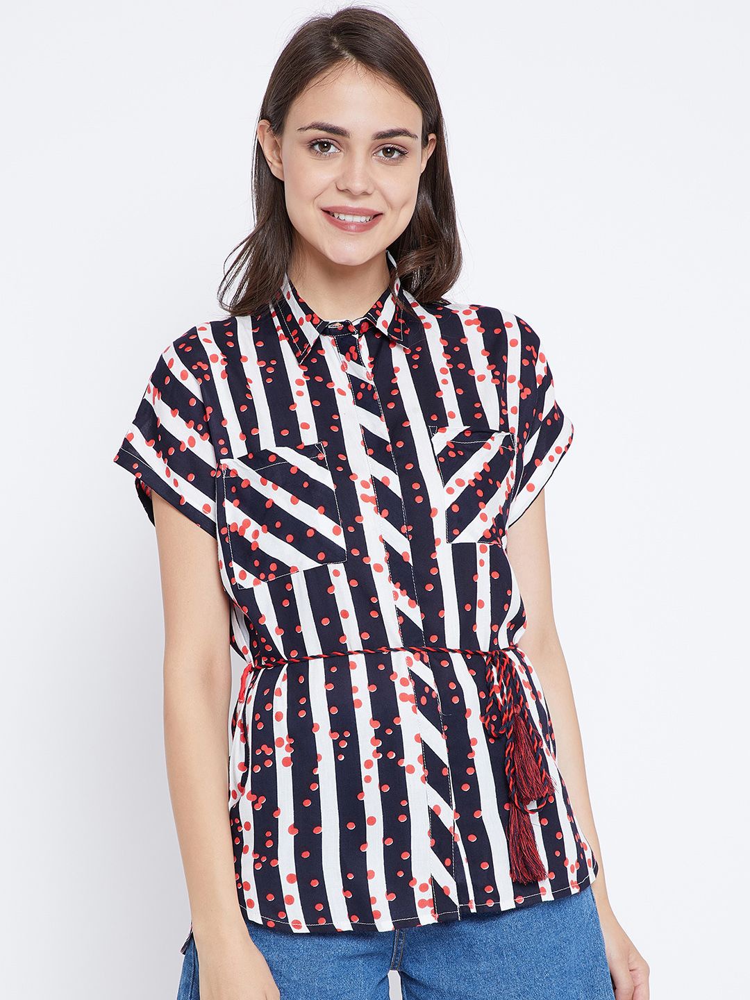 

Zastraa Comfort Striped Spread Collar Extended Sleeves Casual Shirt, White