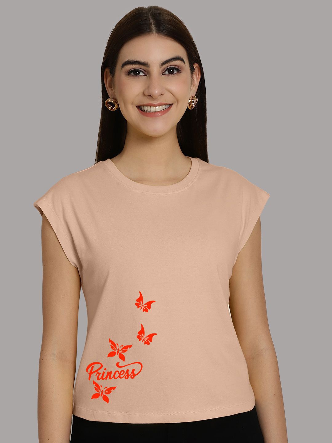 

Friskers Graphic Printed Round Neck Extended Sleeves Pure Cotton Tshirt, Coral