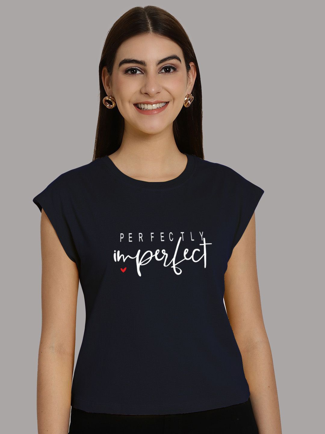 

Friskers Women Typography Printed Round Neck Cotton T-shirt, Navy blue