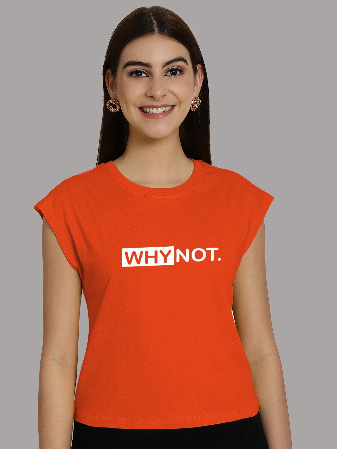 

Friskers Women Typography Printed Round Neck Cotton T-shirt, Orange